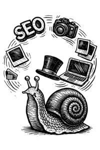 Eye Prize Marketing - A snail juggling computers a camera and other business tools.